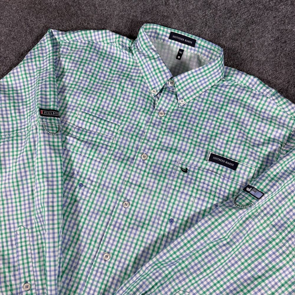 Southern Marsh FieldTec LS Fishing Shirt Mens L Green Plaid Vented Performance